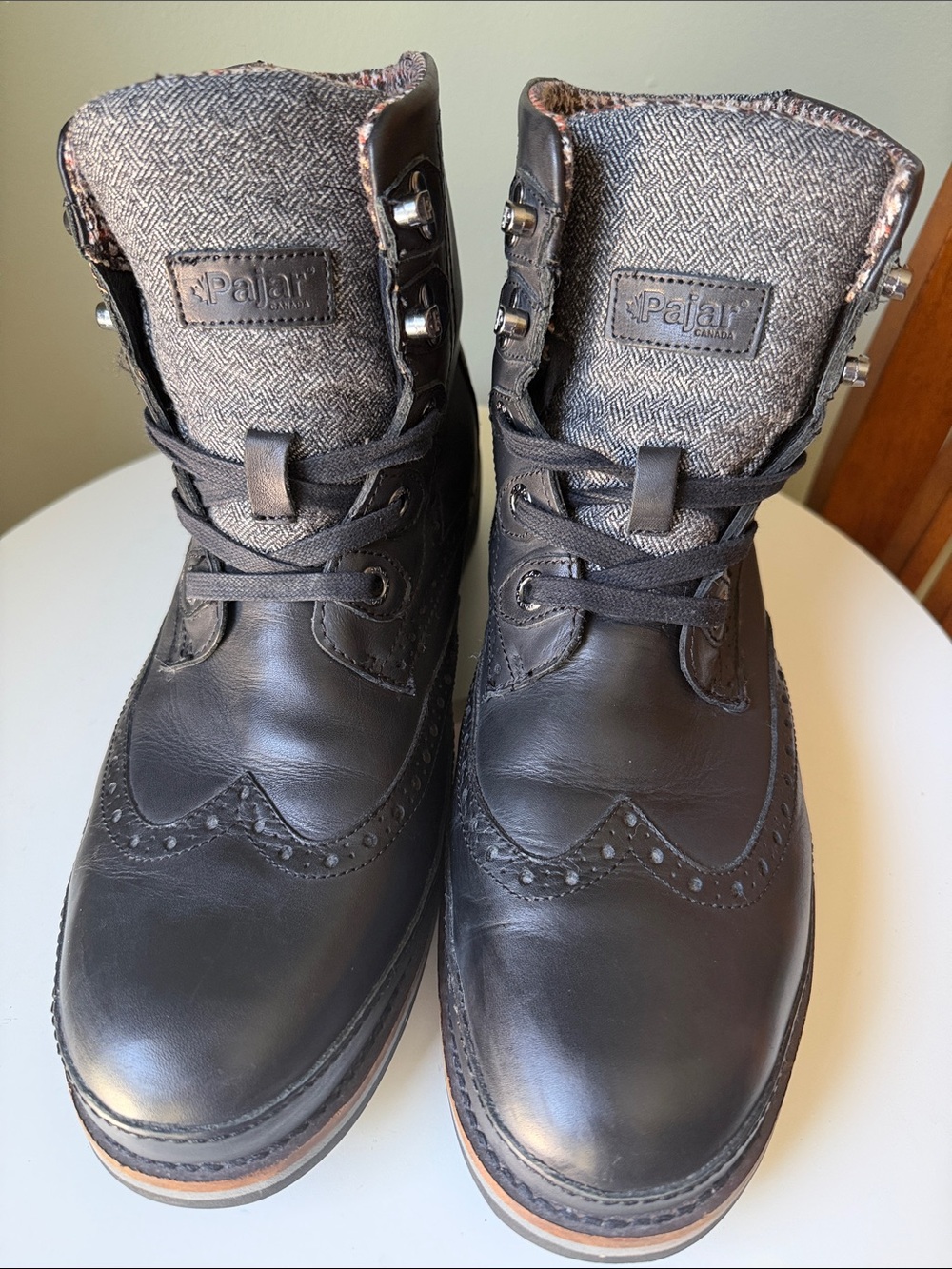 Pajar Canada Leather Wingtip Lace-Up Combat Boots Black Plaid Lined US 11–11.5